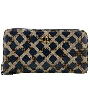 CHANEL Round Zipper Wallet Wild Stitch Card Slots Coin Black